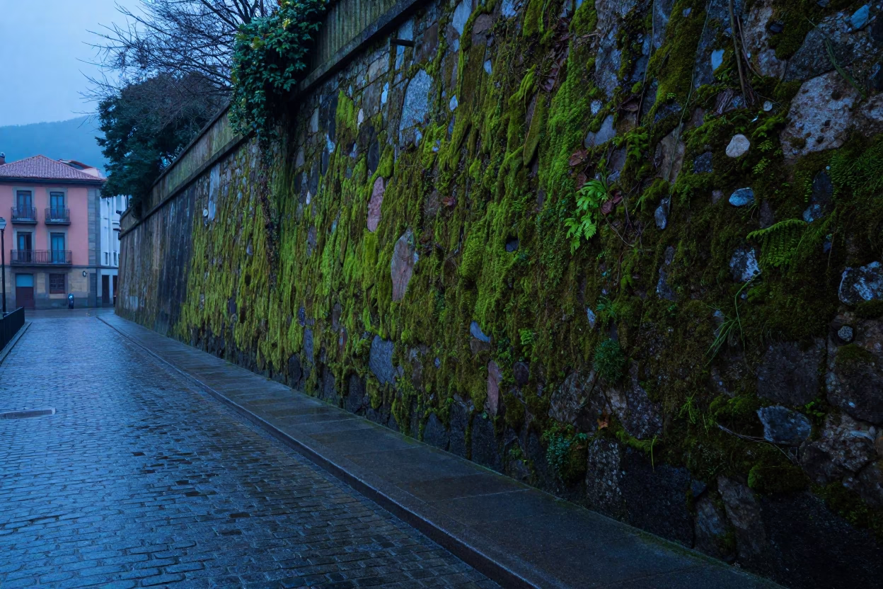 Early Morning Bilbao Street Scene with Mossy Stone Wall and Heritage Tram in in Bilbao, Spain