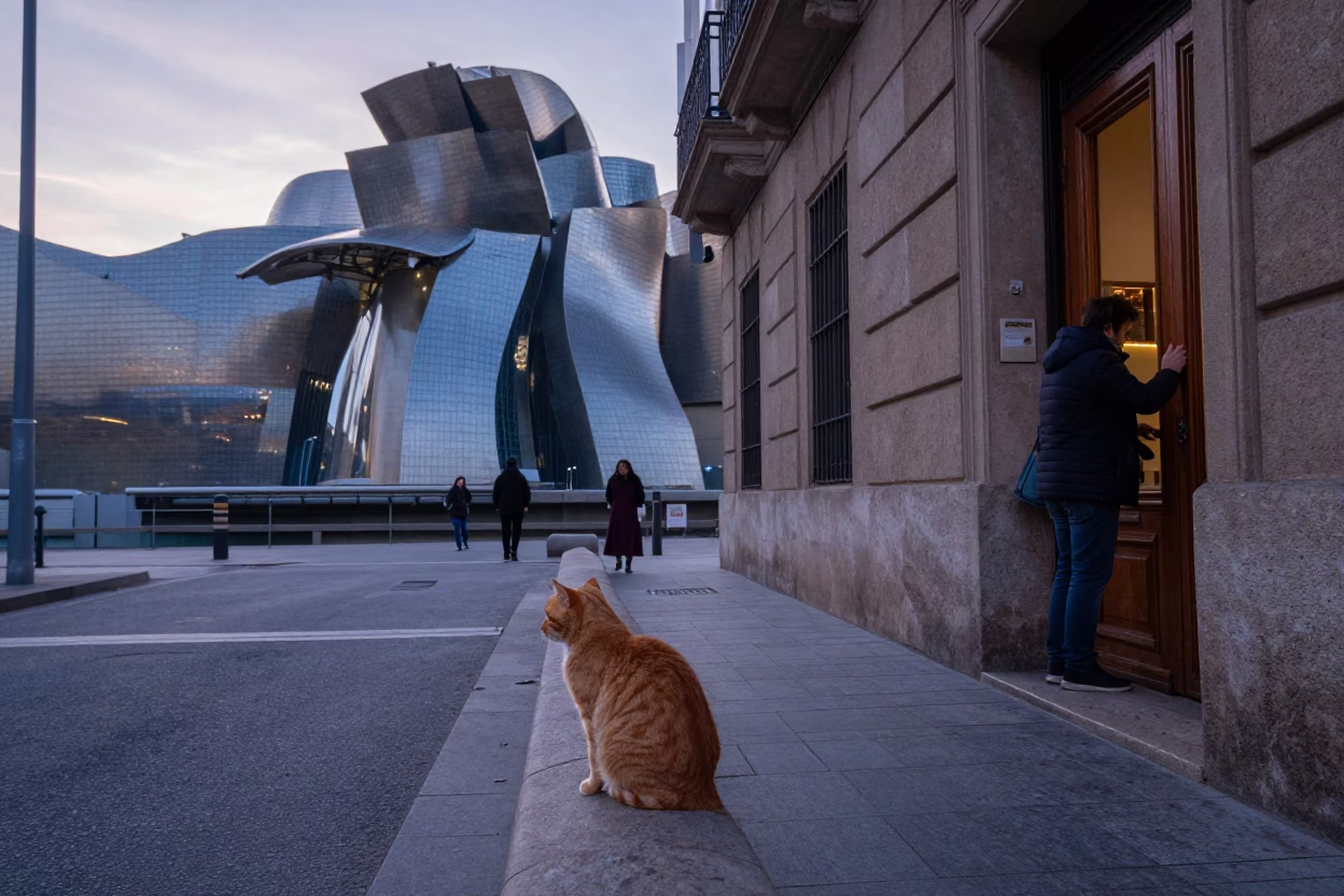 Early Morning Bilbao Street Scene with Orange Cat and Urban Details in in Bilbao, Spain