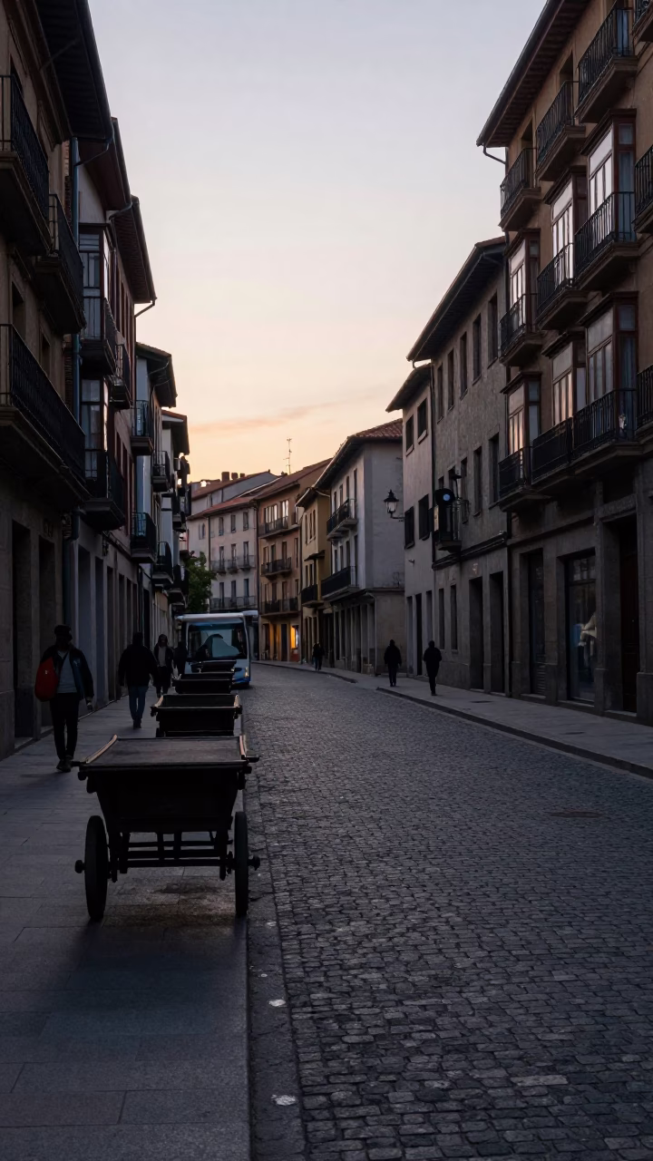 Early Morning Bilbao Street Scene with Rolling Carts and Local Market Activity in in Bilbao, Spain
