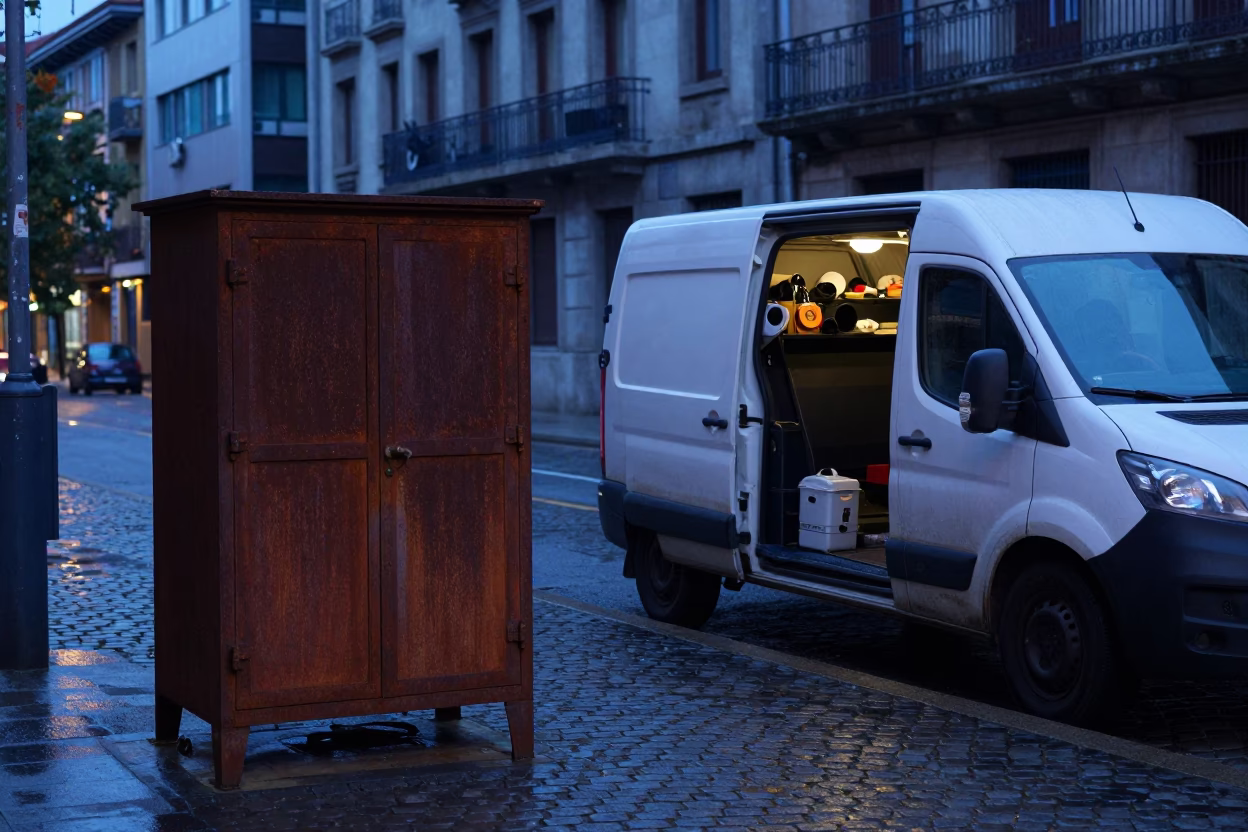 Early Morning Bilbao Street Scene with Rusty Cabinet and Saucepan in in Bilbao, Spain