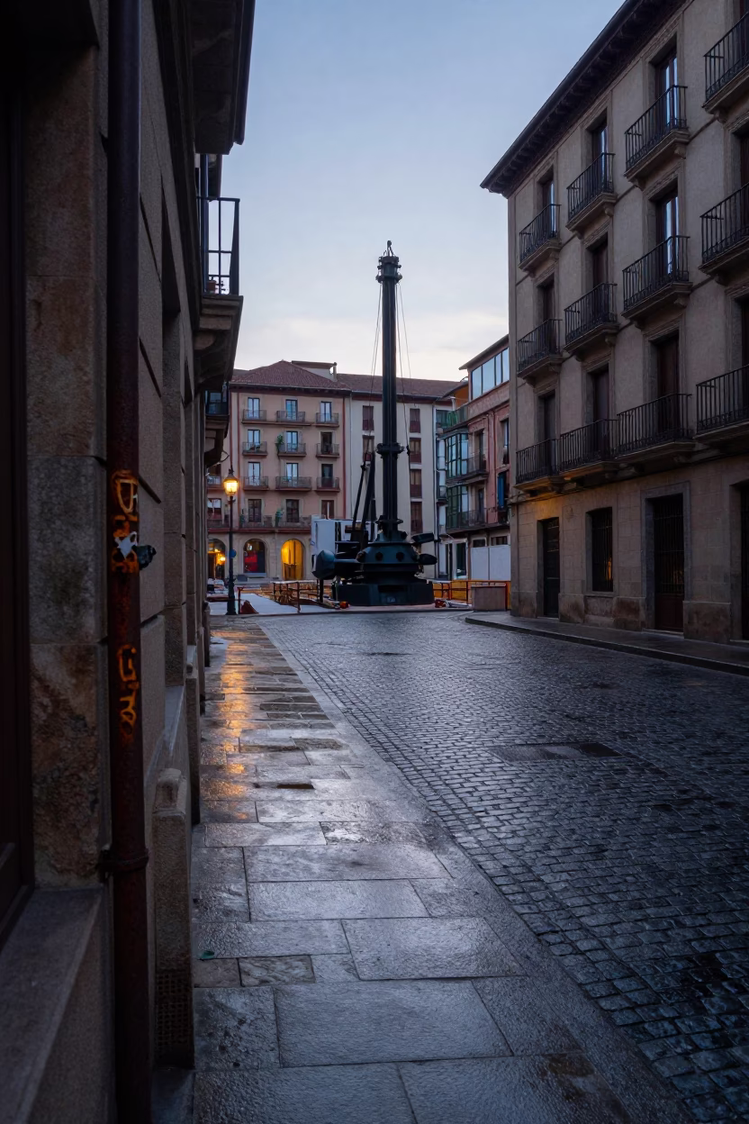 Early Morning Bilbao Street Scene with Rusty Hinge and Construction Pile Driver in in Bilbao, Spain