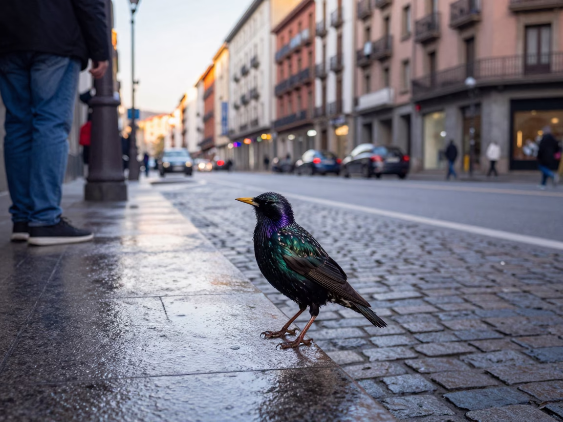 Early Morning Bilbao Street Scene with Starling and Urban Details in in Bilbao, Spain