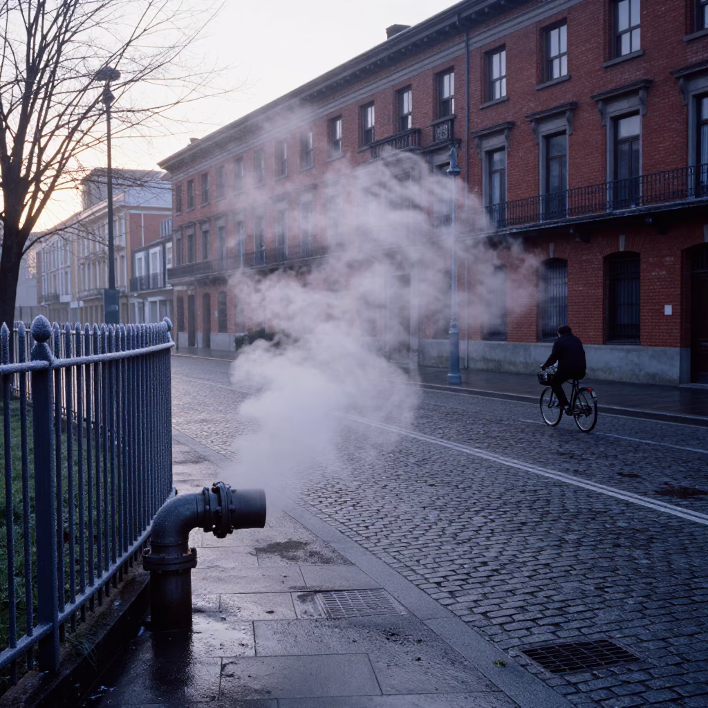 Early Morning Bilbao Street Scene with Steaming District Heating Pipe and Frost in in Bilbao, Spain