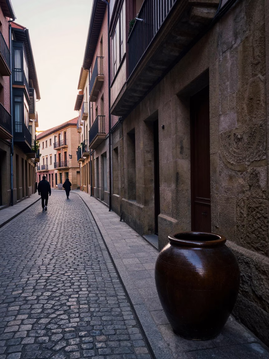Early Morning Bilbao Street Scene with Traditional Jar and Espresso Cup in in Bilbao, Spain