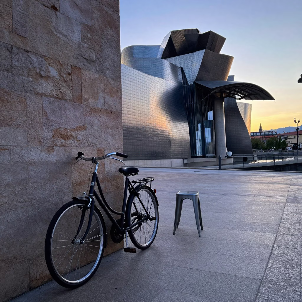 Early Morning Bilbao Street Scene with Vintage Bicycle and Rusty Stool Near Guggenheim in in Bilbao, Spain