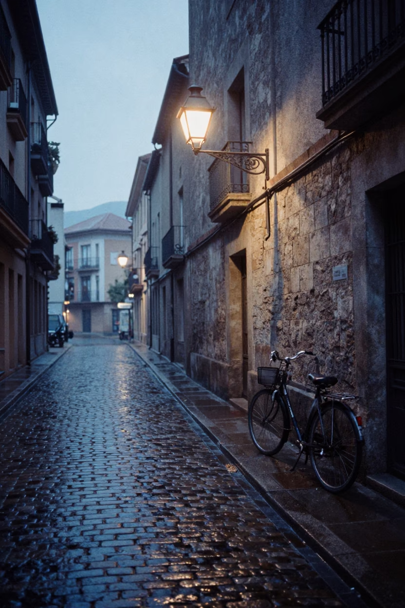 Early Morning Bilbao Street Scene with Vintage Details Before Sunrise in in Bilbao, Spain