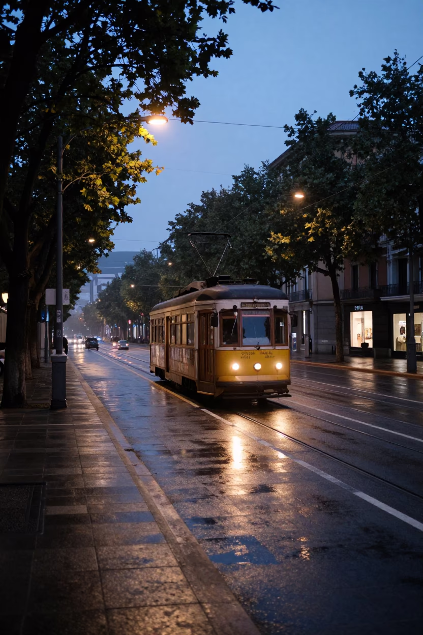 Early Morning Bilbao Street Scene with Vintage Trolley and Tulips Before Sunrise in in Bilbao, Spain