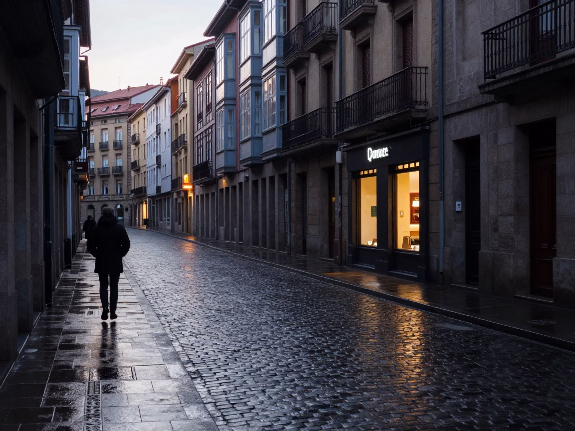 Early Morning Bilbao Street Scene with Wet Cobblestones and Local Commerce in in Bilbao, Spain