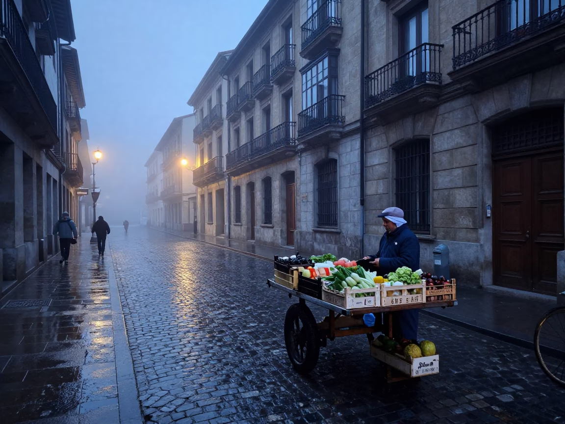 Early Morning Bilbao Street Scene with Wet Cobblestones and Local Market Activity in in Bilbao, Spain