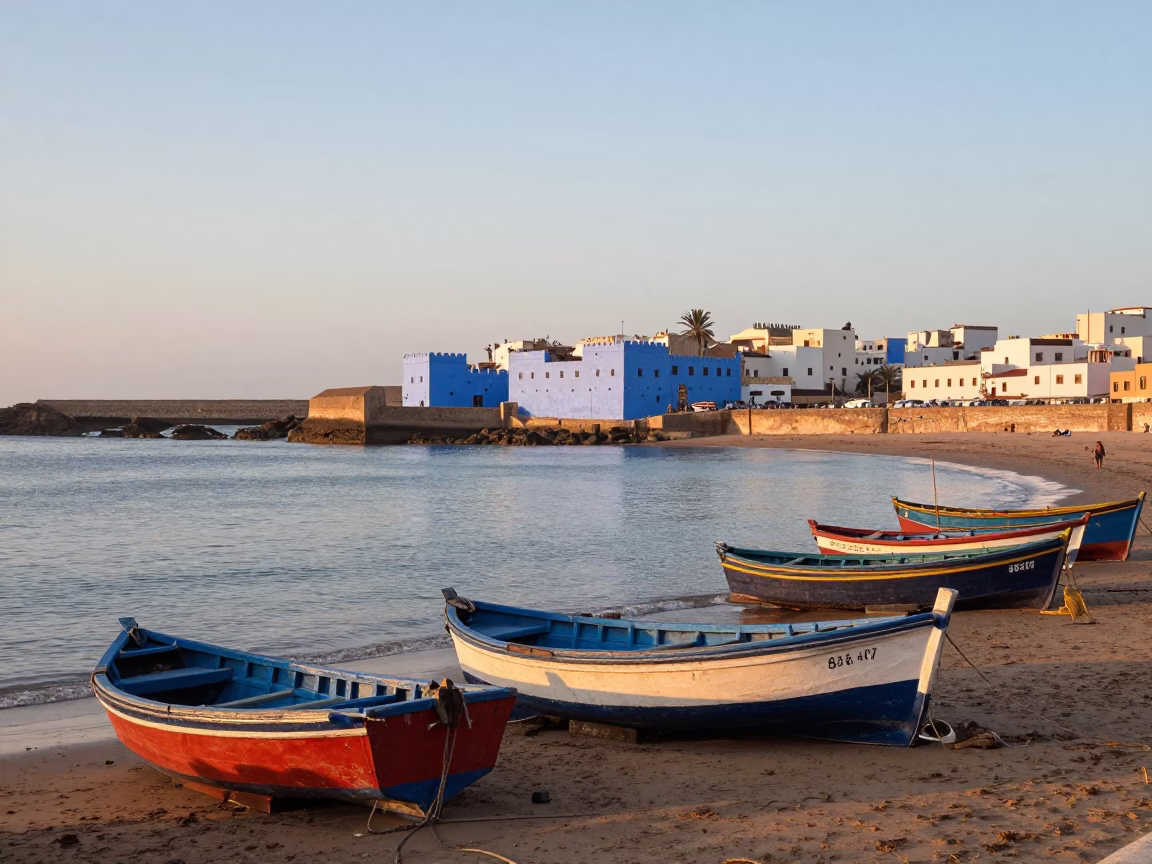 Early Morning Blue City Coastline Fishing Boats and Harbor Activity in Essaouira Morocco in in Essaouira, Morocco