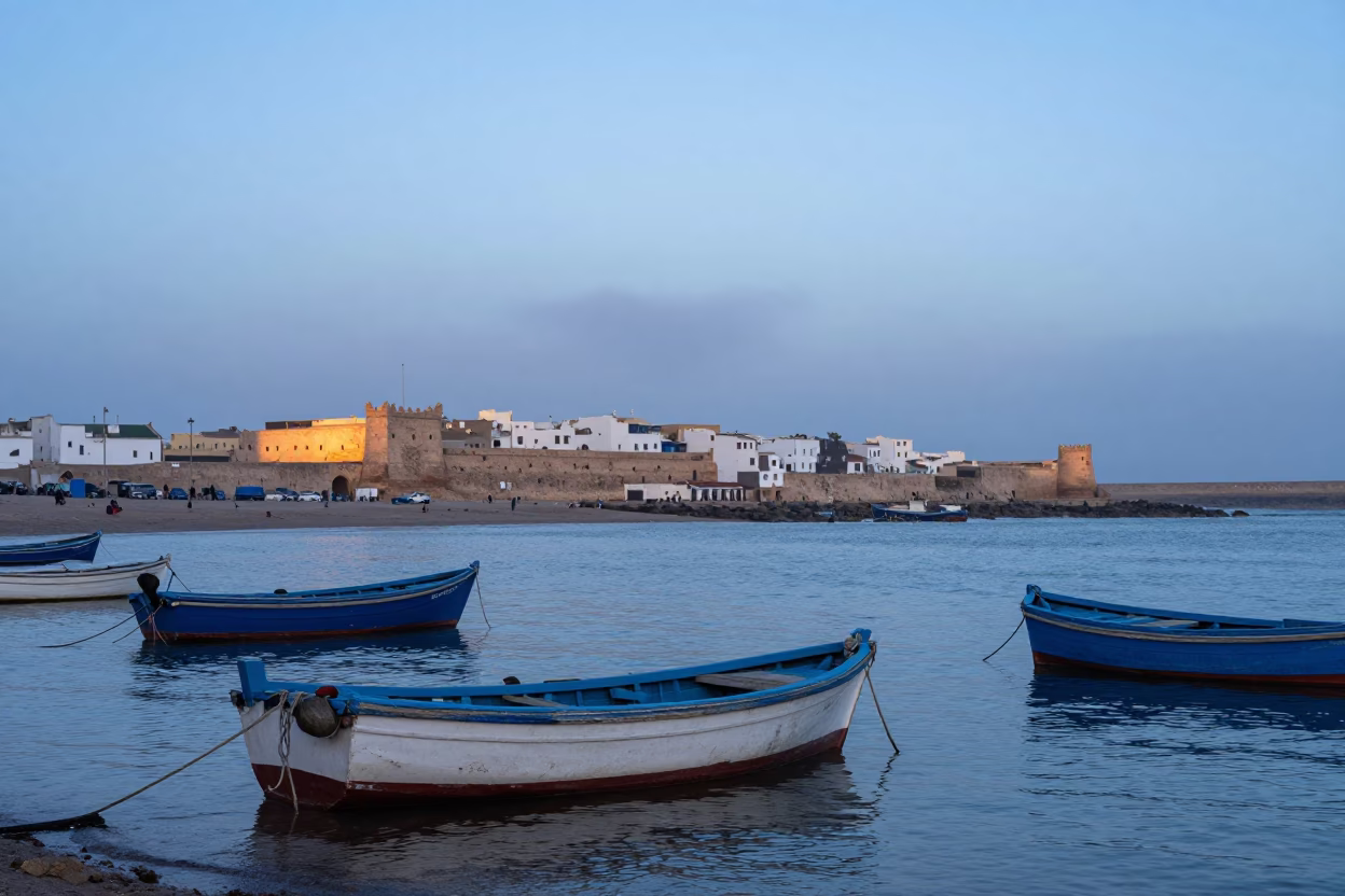 Early Morning Blue Hour in Essaouira Morocco Coastal Wind and Fishing Harbor Dawn in in Essaouira, Morocco