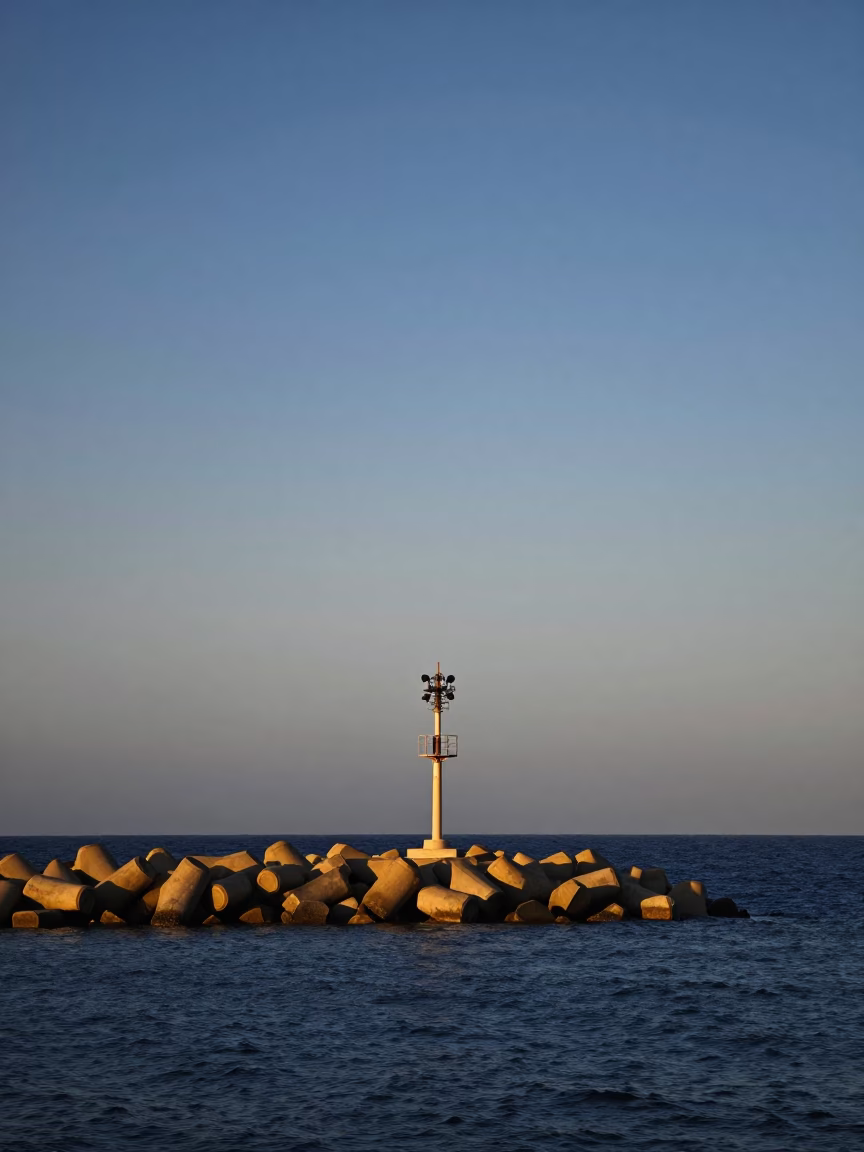 Early Morning Blue Hour Sky Over Alexandria Harbor Breakwater with Substation Insulators in in Alexandria, Egypt
