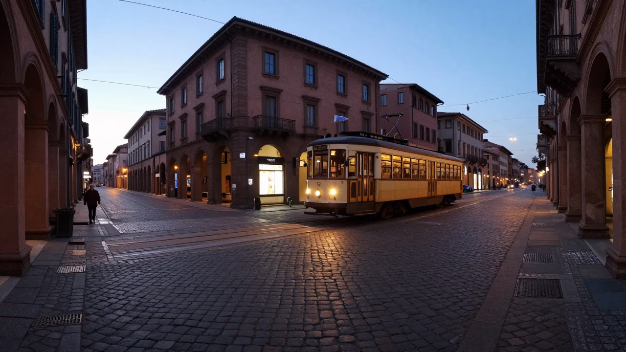 Early Morning Bologna Cobblestone Street Scene with Vintage Tram and Urban Details in in Bologna, Italy