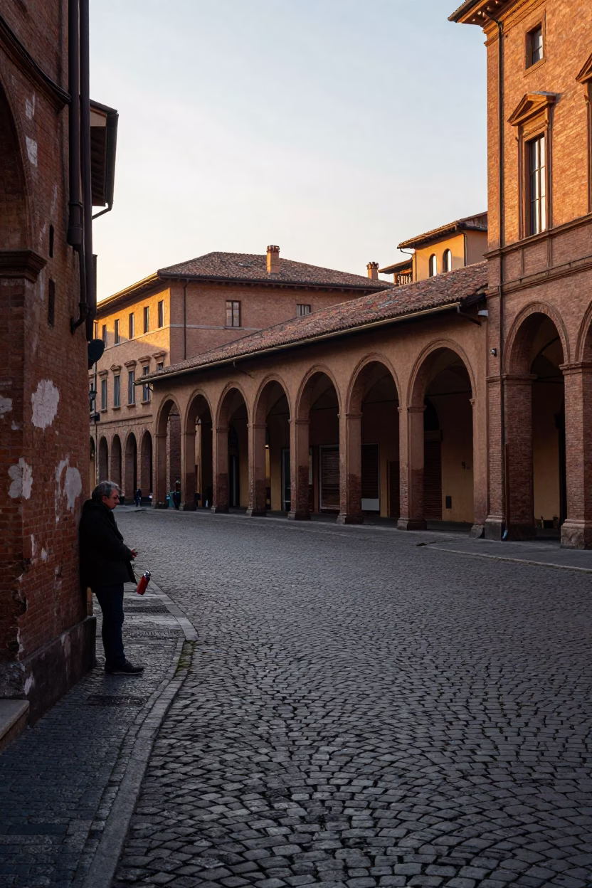 Early Morning Bologna Italy Cobblestone Street Scene with Watering Bottle in in Bologna, Italy