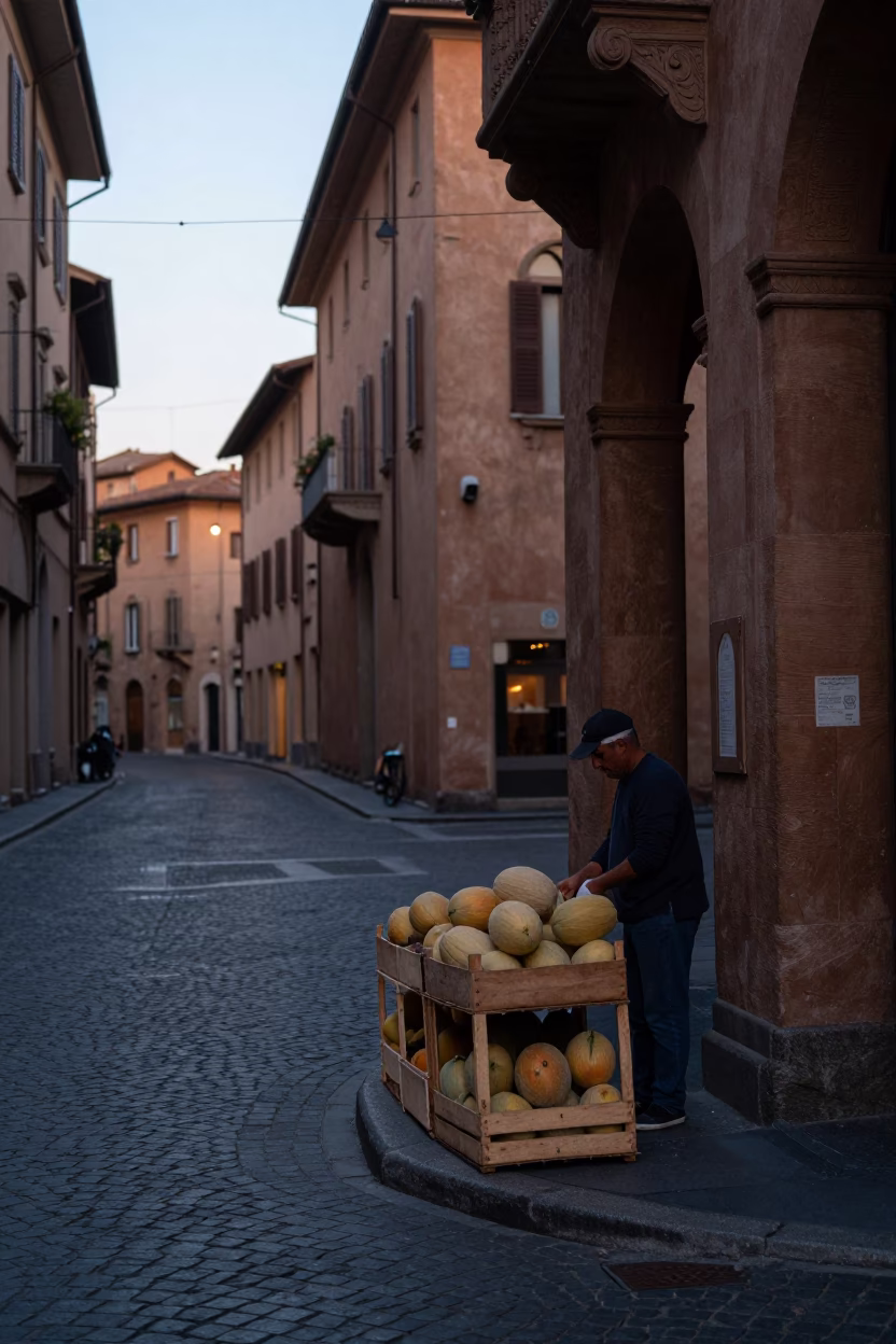 Early Morning Bologna Italy Street Scene with Melons and Traditional Architecture in in Bologna, Italy