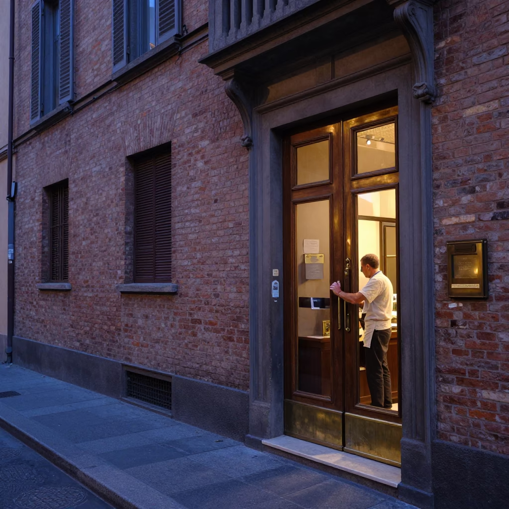 Early Morning Bologna Italy Street Scene with Polished Brass Door Handle and Historic Architecture in in Bologna, Italy