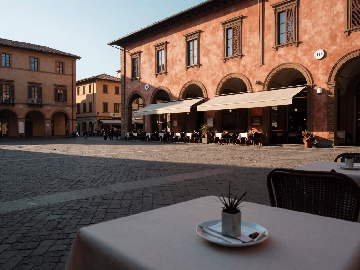Early Morning Bologna Street Cafe with Paperweight and Dish Brushes in in Bologna, Italy