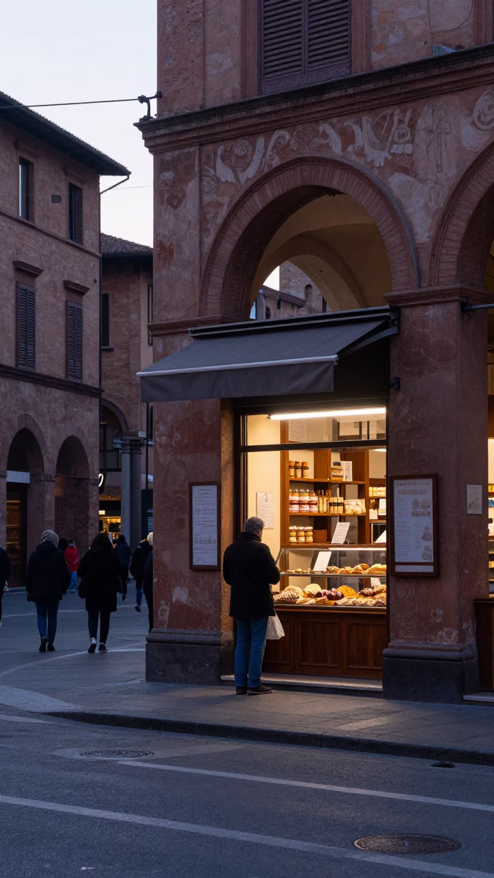 Early Morning Bologna Street Scene Before Sunrise with Shopkeeper and Local Elements in in Bologna, Italy