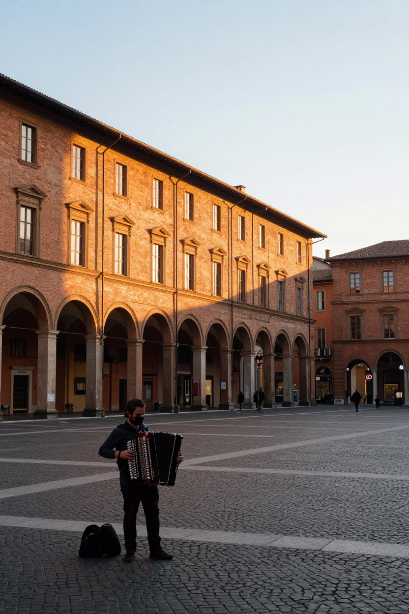 Early Morning Bologna Street Scene with Accordion Player and Passersby at Dawn in in Bologna, Italy