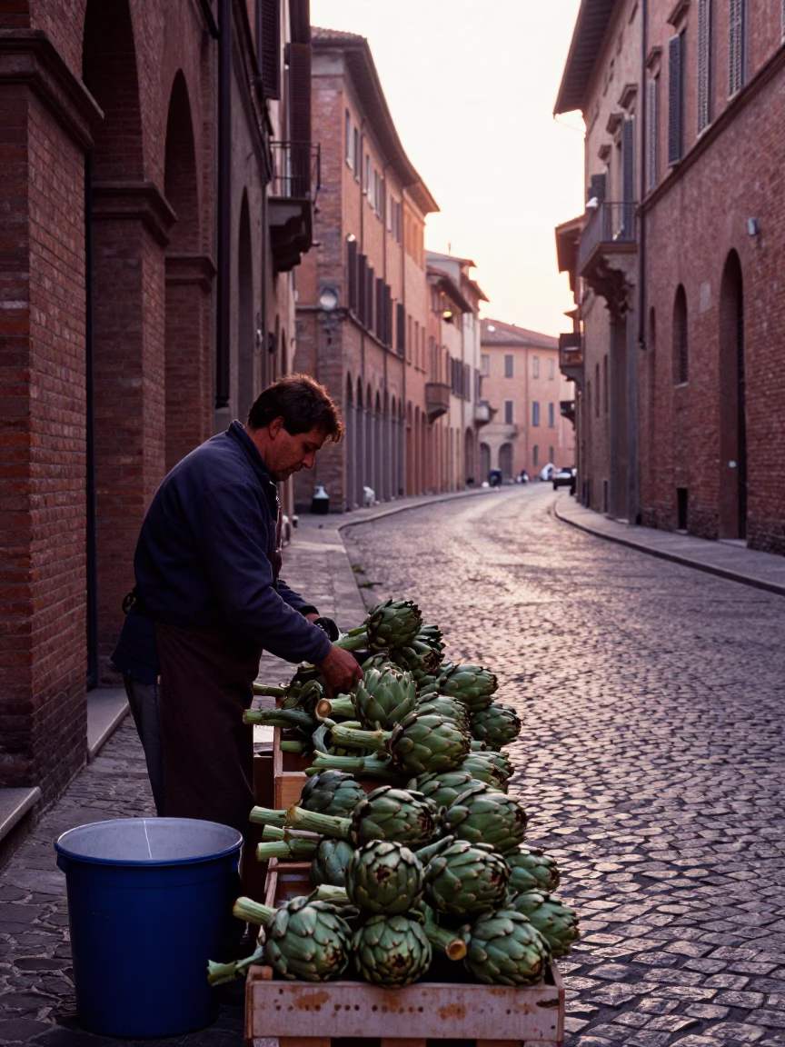 Early Morning Bologna Street Scene with Artichokes and Local Market Activity in in Bologna, Italy