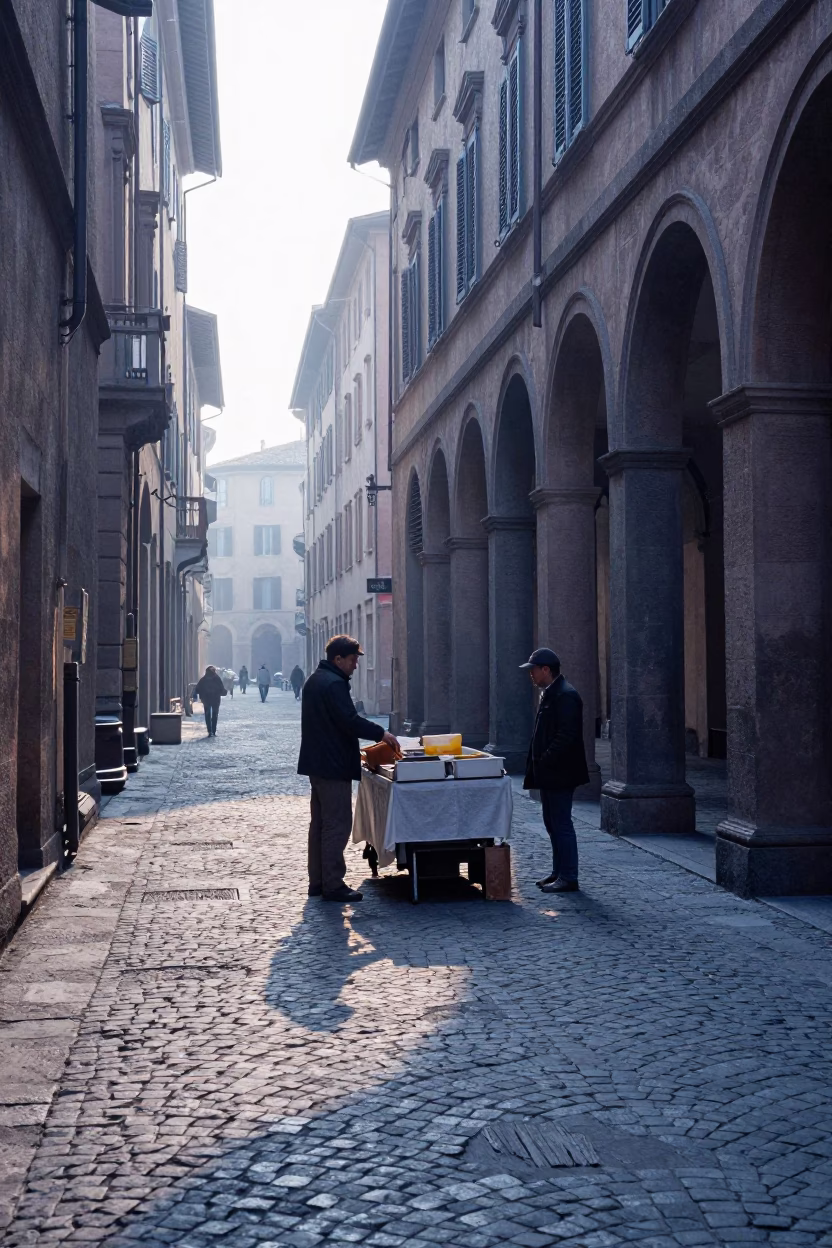 Early Morning Bologna Street Scene with Blue and White Porcelain Plate and Orange Peel in in Bologna, Italy