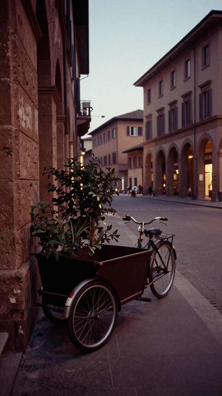 Early Morning Bologna Street Scene with Cargo Bicycle and Garden Gate in in Bologna, Italy