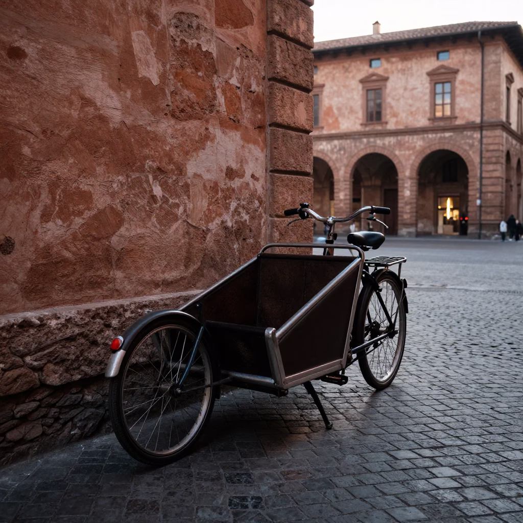 Early Morning Bologna Street Scene with Cargo Bicycle and Urban Details in in Bologna, Italy