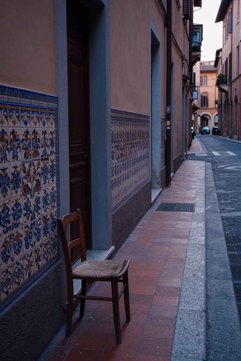 Early Morning Bologna Street Scene with Ceramic Tiles and Rusty Metal Details in in Bologna, Italy