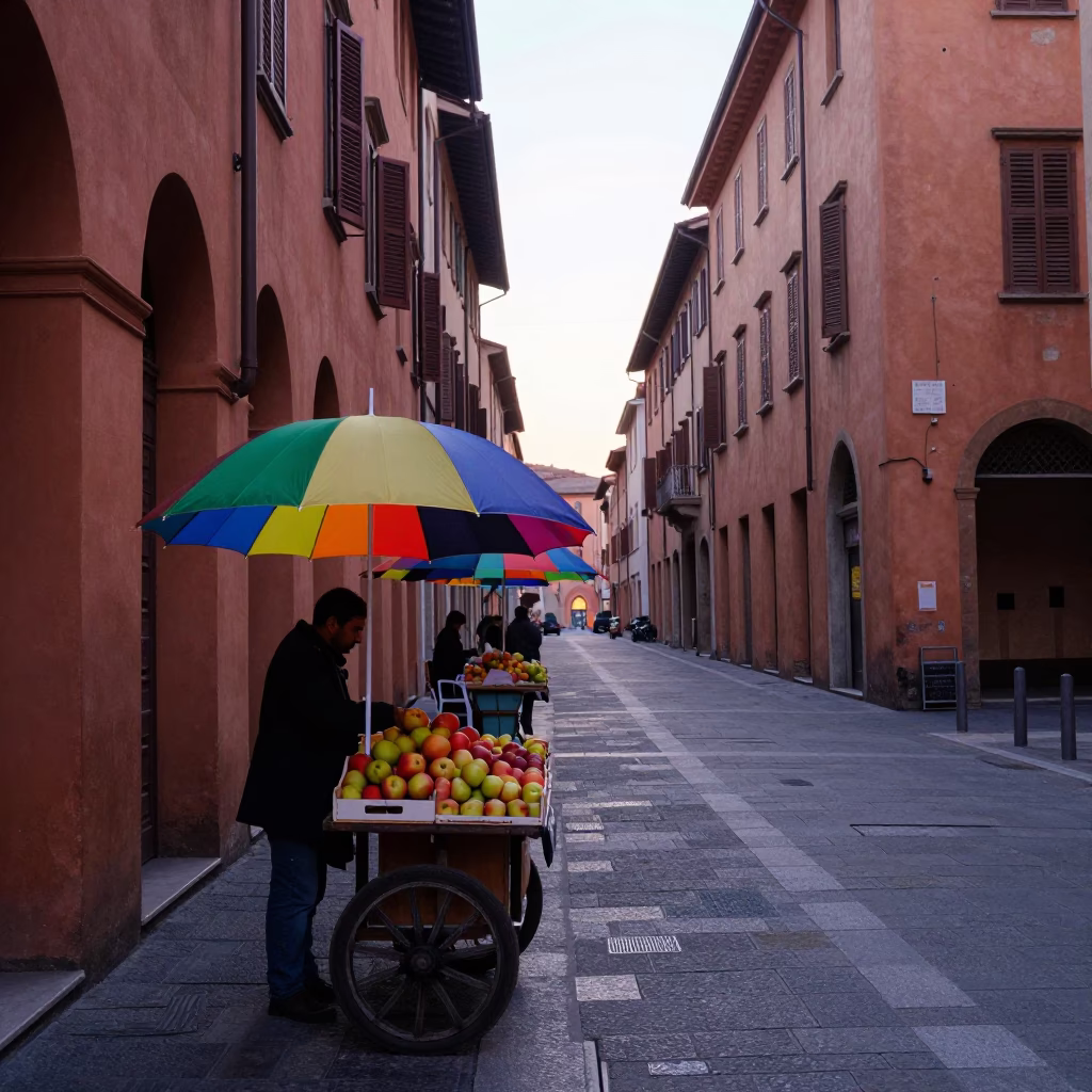 Early Morning Bologna Street Scene with Colorful Umbrellas and Vintage Scooter in in Bologna, Italy