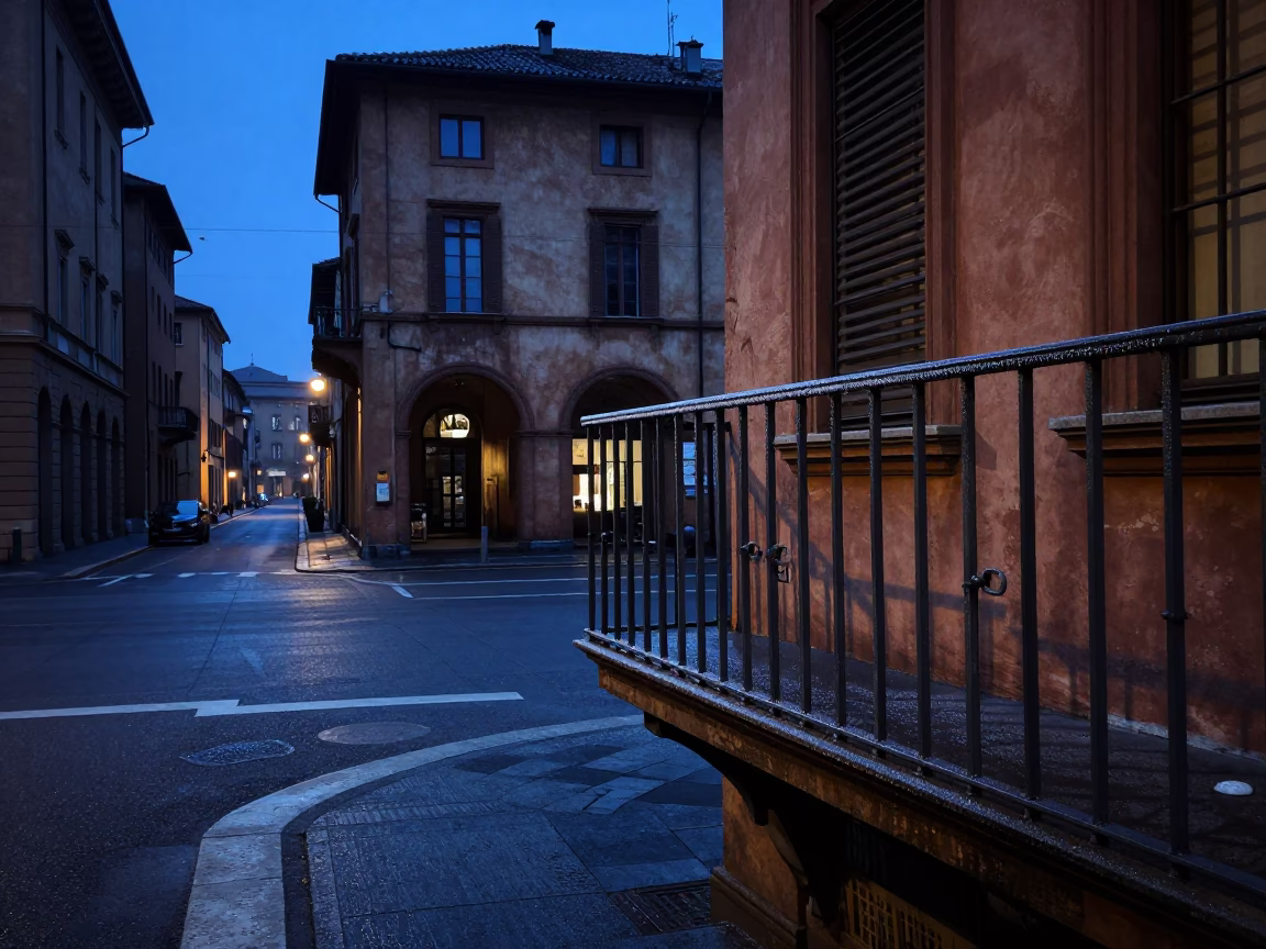 Early Morning Bologna Street Scene with Condensation on Metal Railings and Twine in in Bologna, Italy