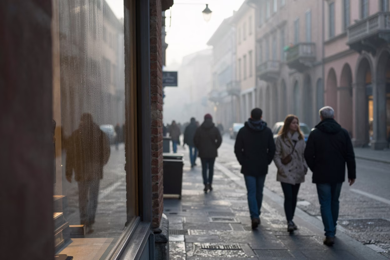 Early Morning Bologna Street Scene with Condensation on Window Sill Before Sunrise in in Bologna, Italy