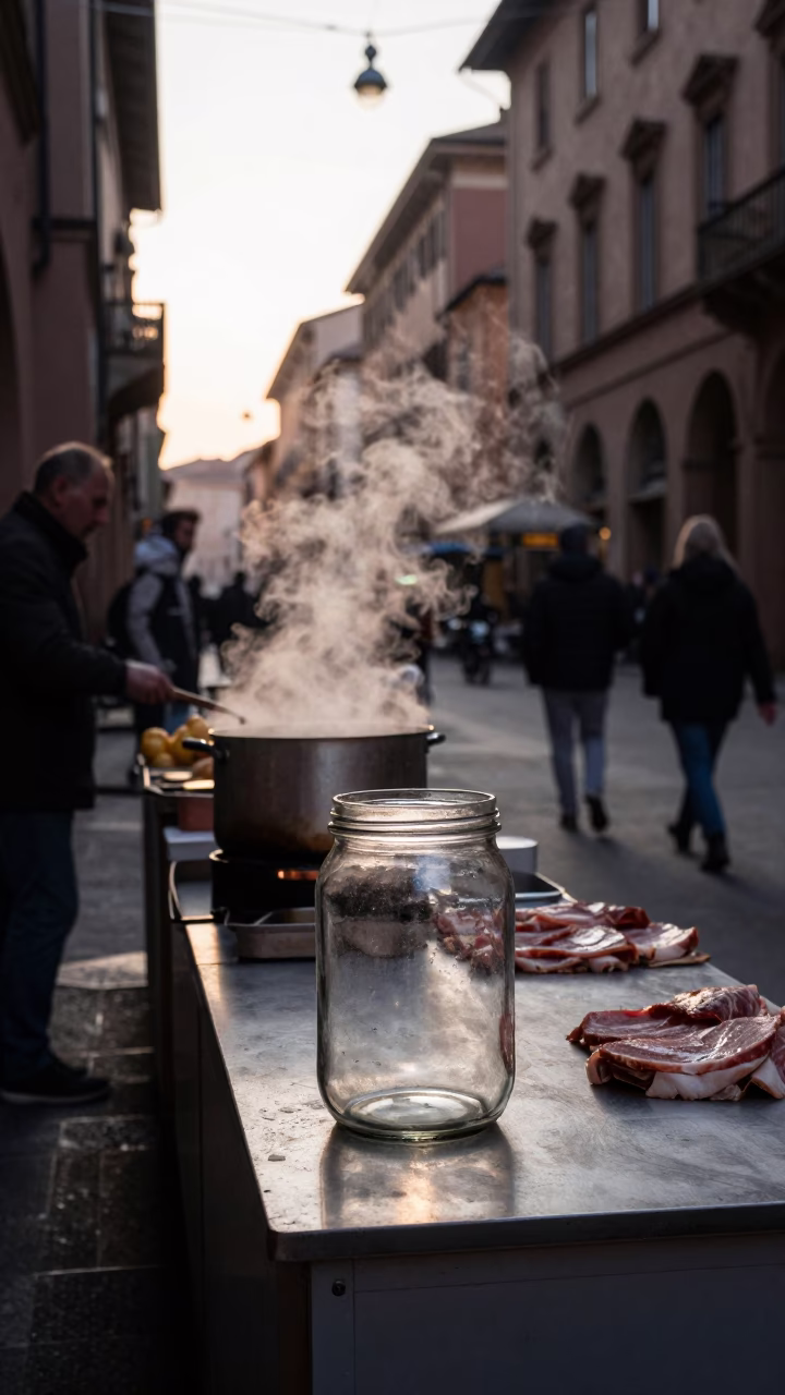Early Morning Bologna Street Scene with Glass Jar and Busy Local Interaction in in Bologna, Italy
