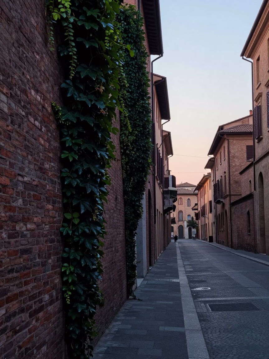 Early Morning Bologna Street Scene with Ivy on Brick Wall and Local Bakery in in Bologna, Italy