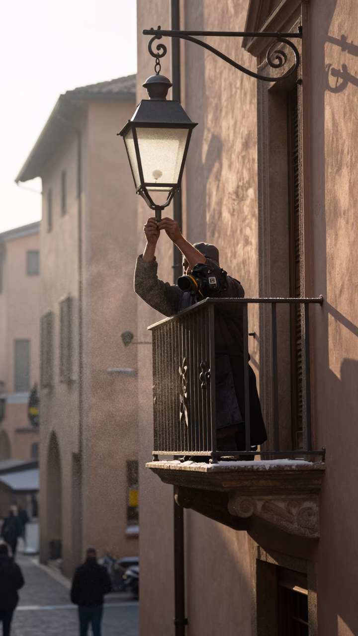 Early Morning Bologna Street Scene with Lantern and Pollen at Dawn in in Bologna, Italy