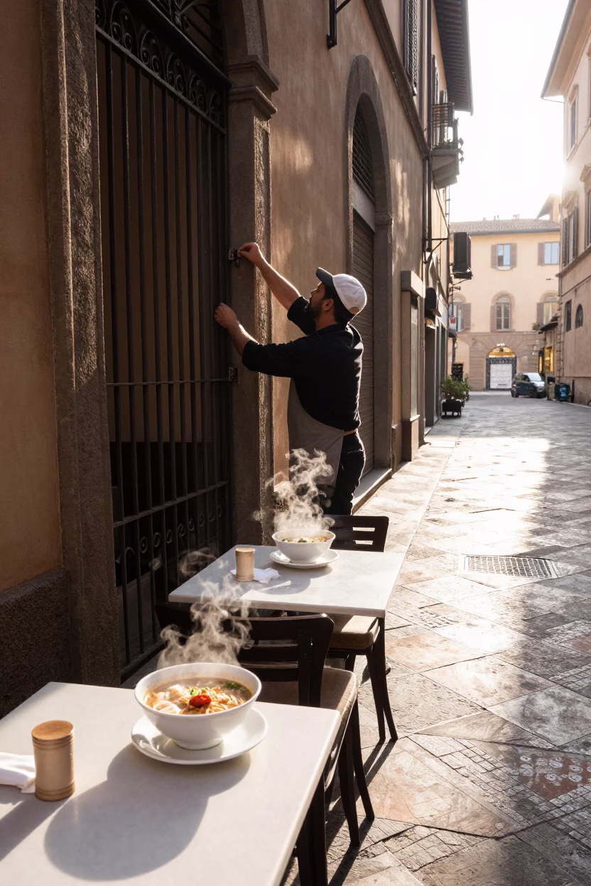 Early Morning Bologna Street Scene with Local Breakfast and Urban Details in in Bologna, Italy