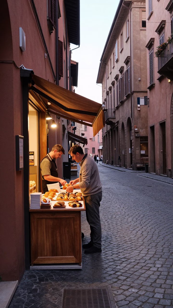 Early Morning Bologna Street Scene with Local Shopkeeper and Coffee Mugs in in Bologna, Italy