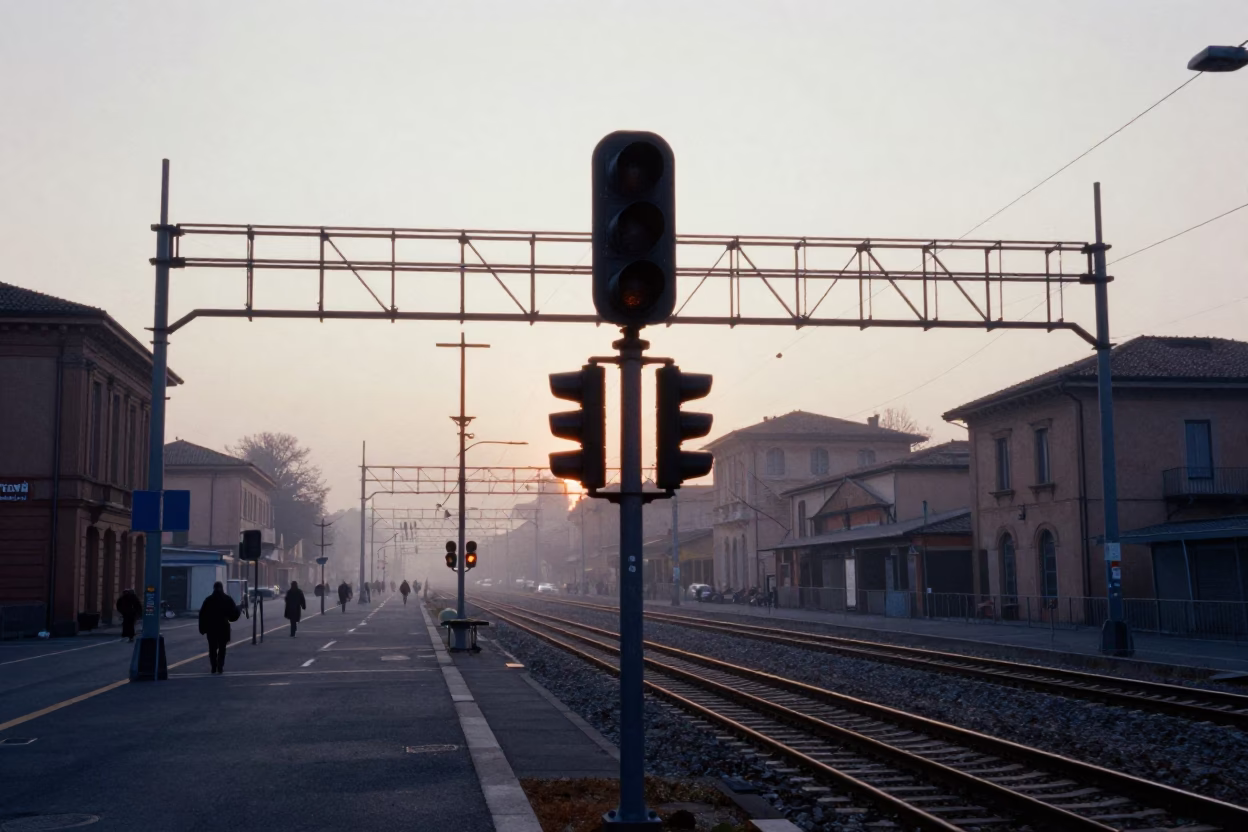 Early Morning Bologna Street Scene with Signal Gantry and Mist Before Dawn in in Bologna, Italy