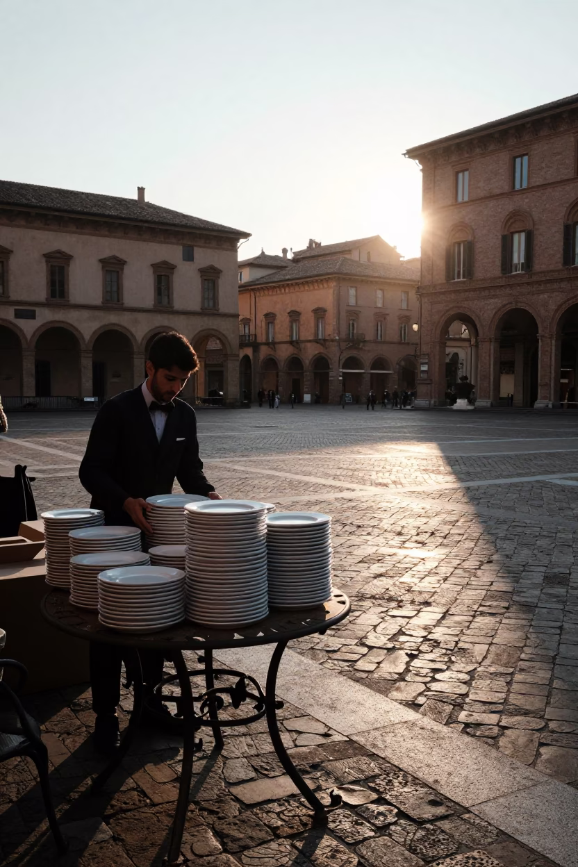 Early Morning Bologna Street Scene with Stacked Plates on Outdoor Cafe Table in in Bologna, Italy