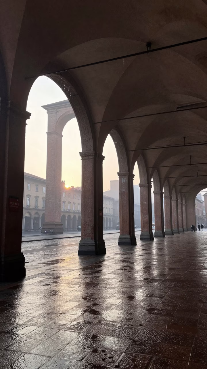 Early Morning Bologna Street Scene with Viaduct Arch and Stone Details in in Bologna, Italy