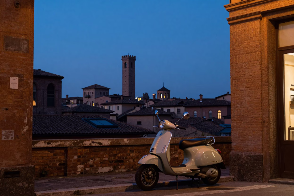 Early Morning Bologna Street Scene with Vintage 1950s Aesthetic and Cobalt Sky in in Bologna, Italy