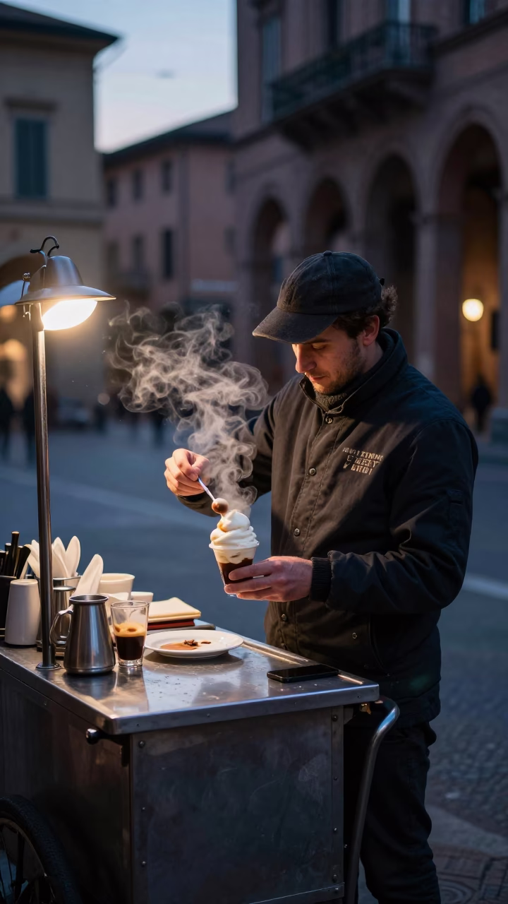 Early Morning Bologna Street Vendor Preparing Affogato Before Dawn with Ceramic Saucer in in Bologna, Italy