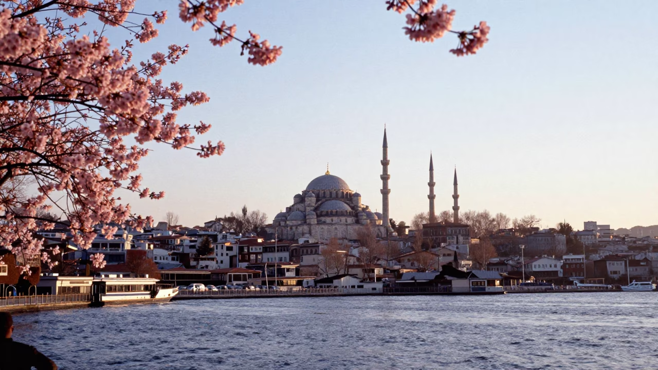 Early Morning Bosphorus View with Cherry Blossoms and Traditional Turkish Tea in in Istanbul, Turkey