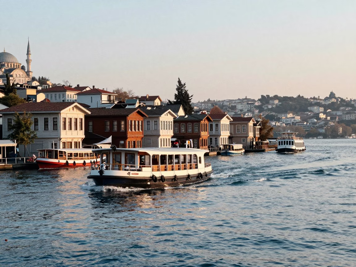 Early Morning Bosphorus Water Taxi Zigzagging Between Traditional Canal Houseboats in Istanbul in in Istanbul, Turkey