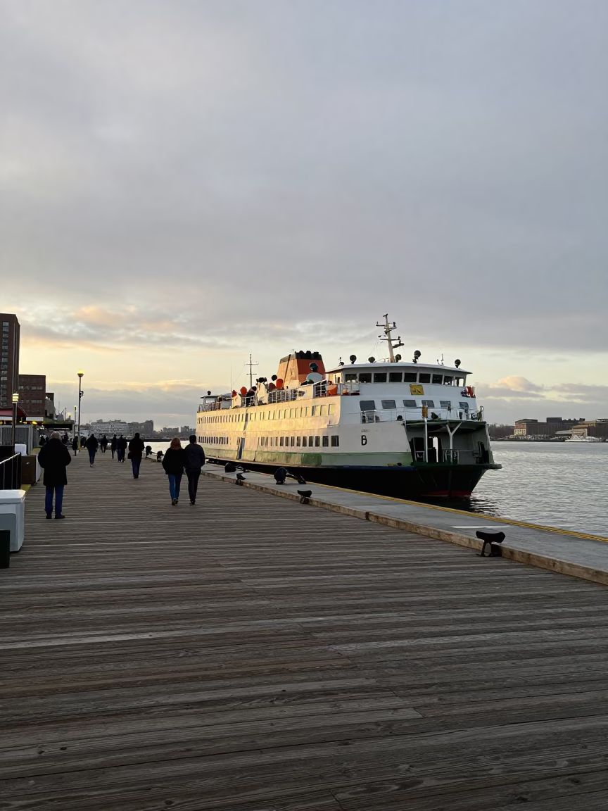 Early Morning Boston Ferry Dock Scene with Passengers and Bicycles Loading in in Boston, Massachusetts, United States
