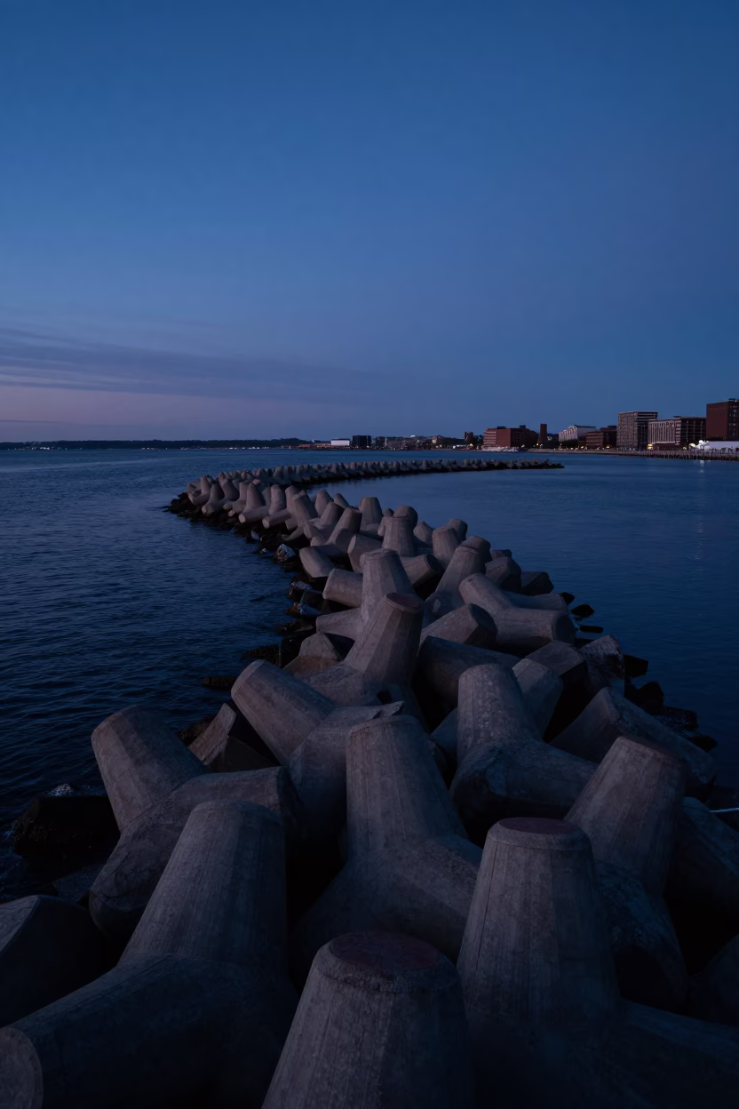 Early Morning Boston Harbor Breakwater Spiral View Before Dawn in in Boston, Massachusetts, United States