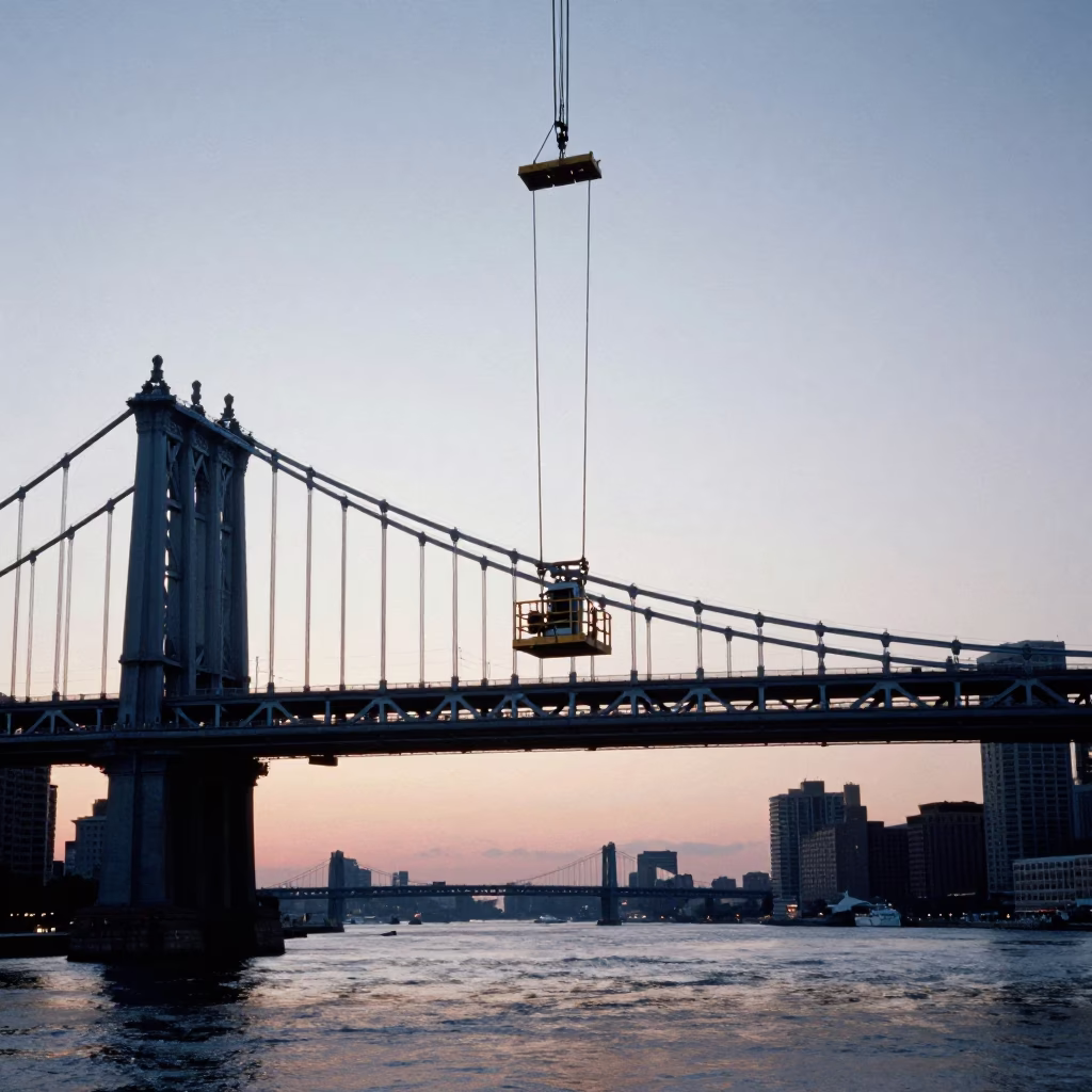 Early Morning Boston Harbor Bridge Maintenance Cage Swinging in Pre-Dawn Light in in Boston, Massachusetts, United States