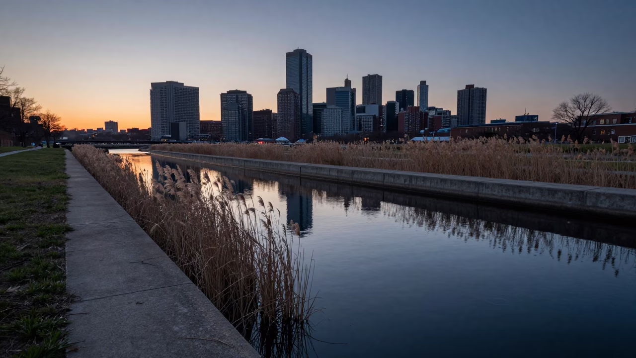 Early Morning Boston Harbor Concrete Cooling Canal with Reeds at Dawn in in Boston, Massachusetts, United States
