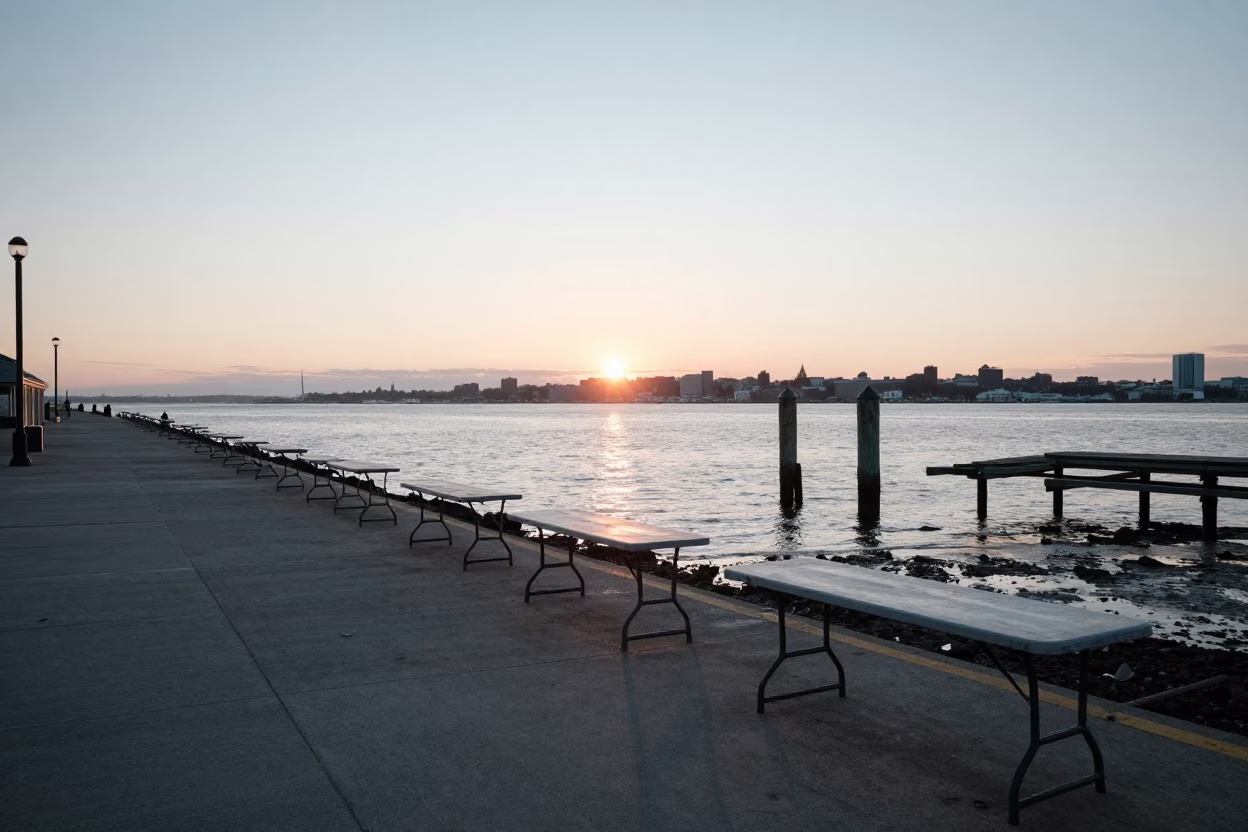 Early Morning Boston Harbor Ferry Ramp with Folding Tables and Low Tide Pilings in in Boston, Massachusetts, United States