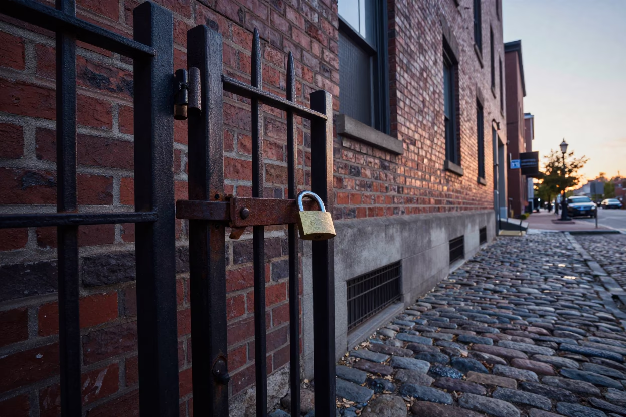 Early Morning Boston Harbor Street Scene with Padlock on Brick Wall in in Boston, Massachusetts, United States