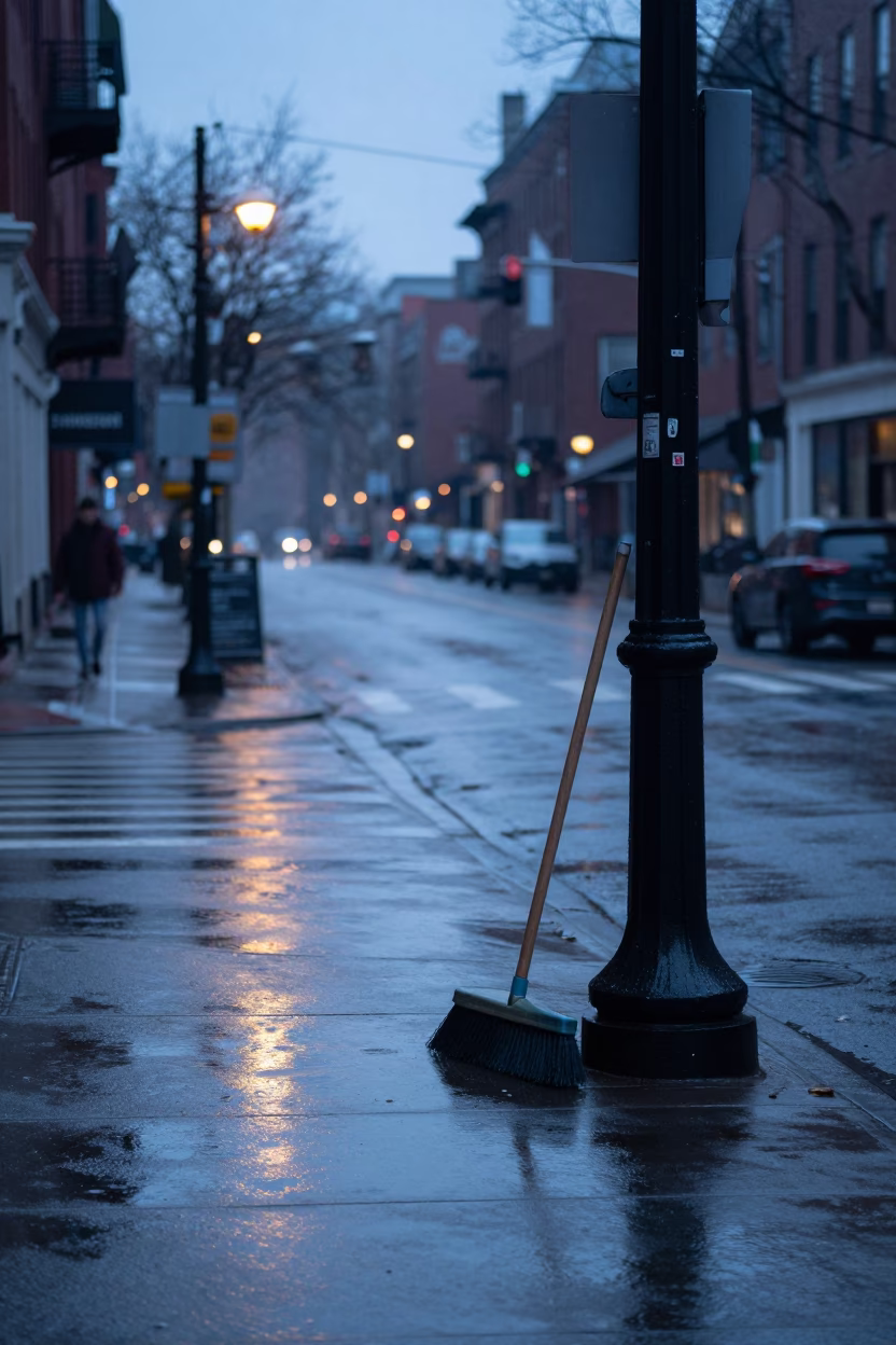 Early Morning Boston Street Corner with Brooms and Wet Pavement Before Sunrise in in Boston, Massachusetts, United States